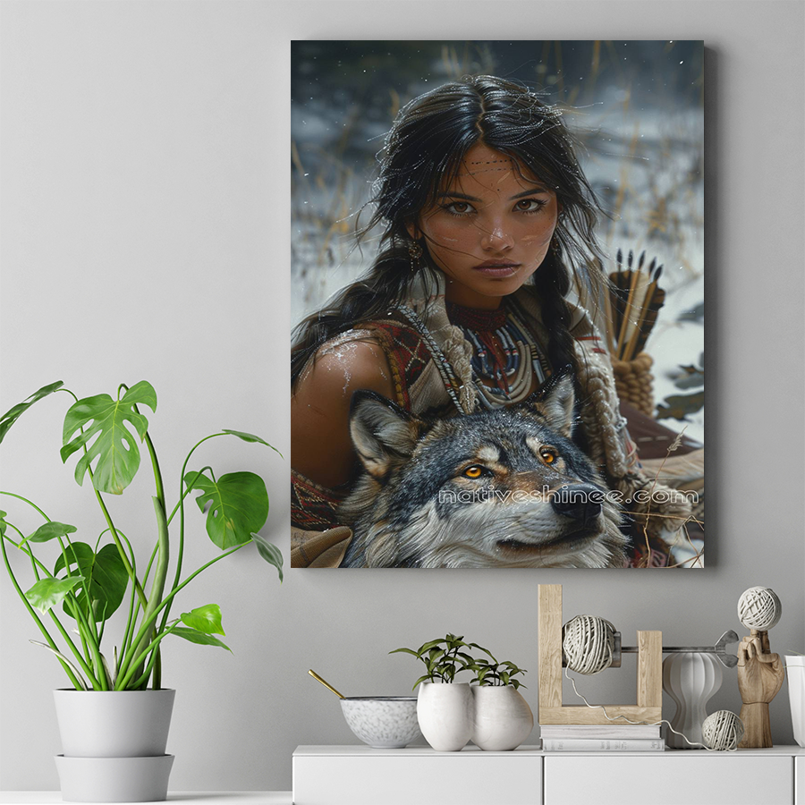 Guardian of the Wild: Woman and Wolf Native American Wolf Canvas