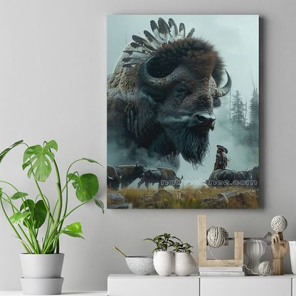 Warrior and Bison Spirit Native American Bison Canvas