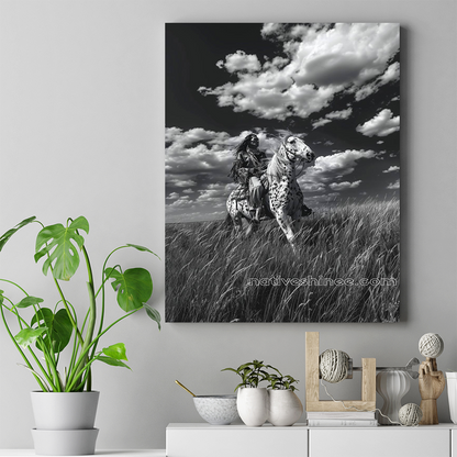 Windswept Journey: Native Warrior on Horseback Native American Horse Canvas