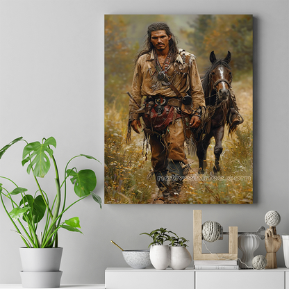 Through the Wilderness: A Warrior's Trek Native American Horse Canvas