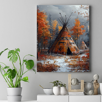 Teepee in Autumn: Harmony of Seasons Native American Canvas