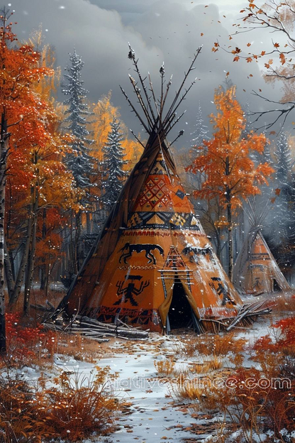 Teepee in Autumn: Harmony of Seasons Native American Canvas