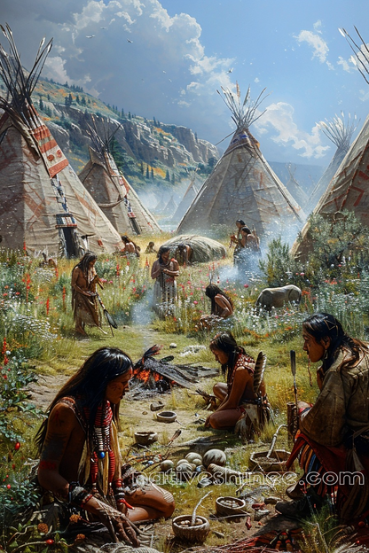 Daily Life in a Vibrant Native American Village Canvas