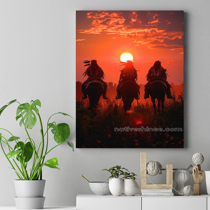 Warriors' Journey at Sunset's Embrace Native American Warrior Horse Canvas