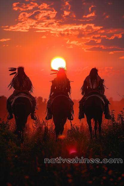 Warriors' Journey at Sunset's Embrace Native American Warrior Horse Canvas