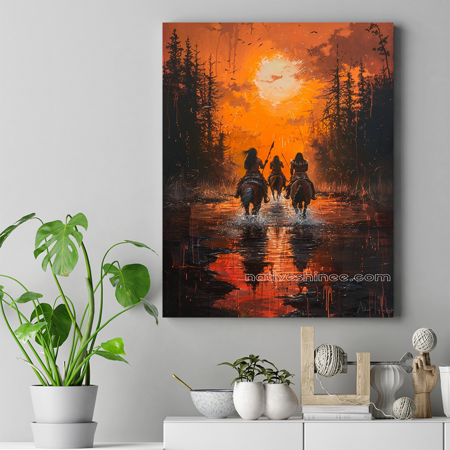 Riders into the Fiery Sunset of Destiny Native American Canvas