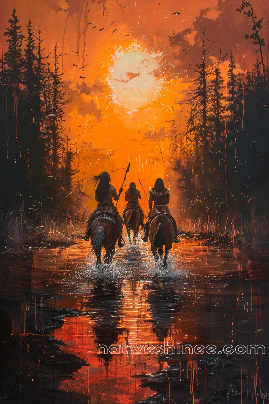 Riders into the Fiery Sunset of Destiny Native American Canvas