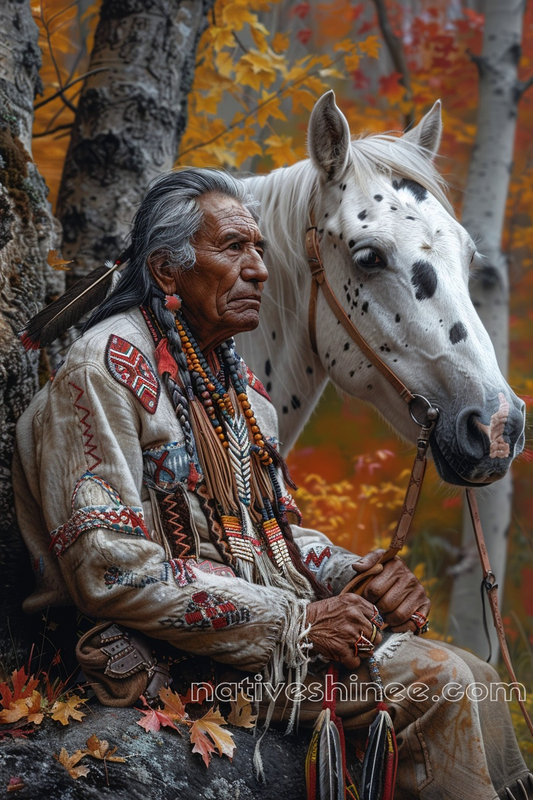 Elder and Steed in Autumn's Splendor Native American Canvas