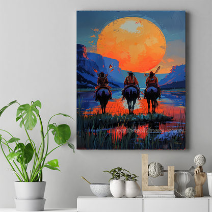 Warriors Silhouetted Against a Full Moon Native American Horse Canvas