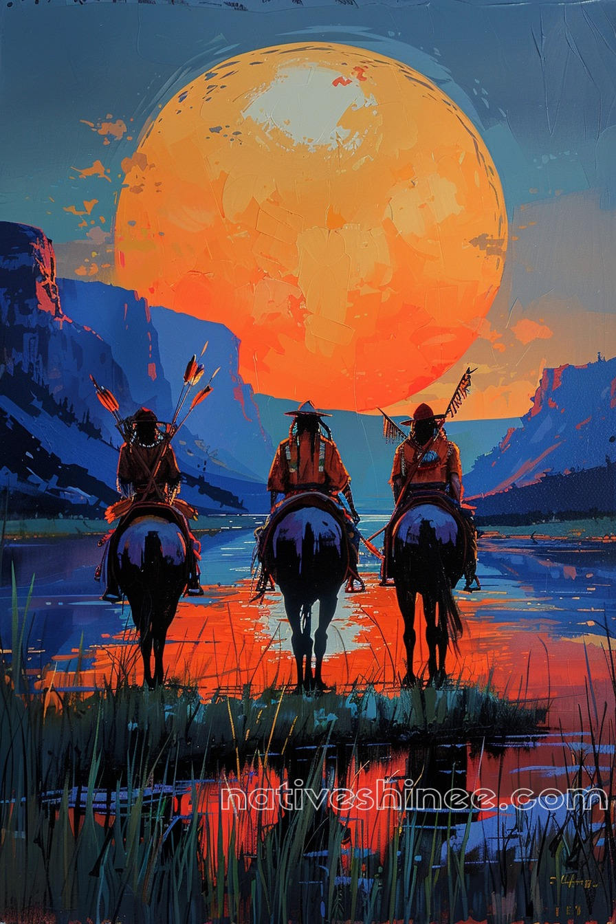 Warriors Silhouetted Against a Full Moon Native American Horse Canvas