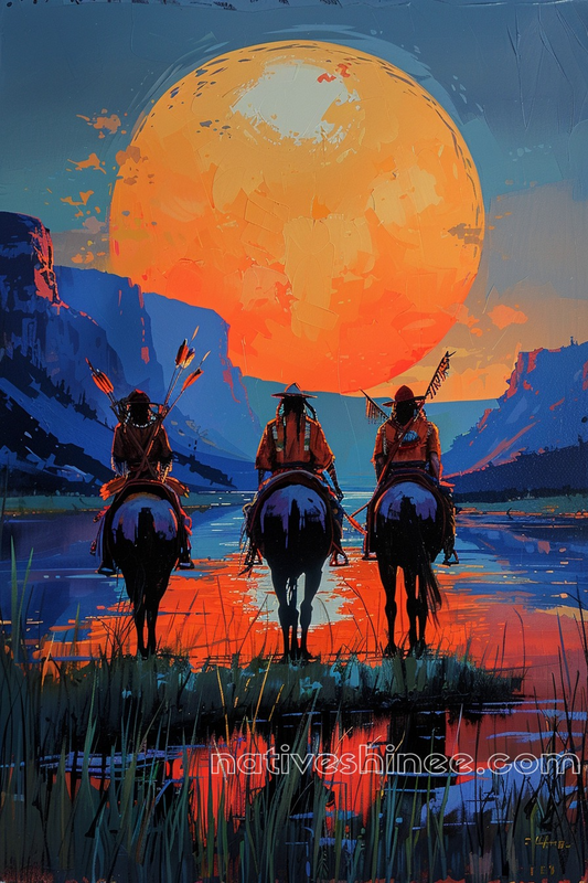 Warriors Silhouetted Against a Full Moon Native American Horse Canvas