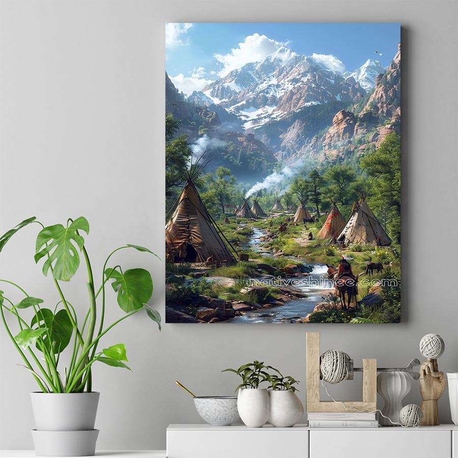 Morning Peace in the Mountain Village Native American Canvas