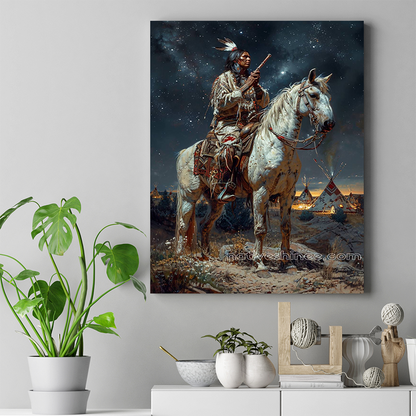 Warrior's Promise: Beneath the Cosmic Canopy Native American Horse Canvas