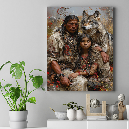 The Sacred Bond: Family, Nature, and Heritage Native American Wolf Canvas