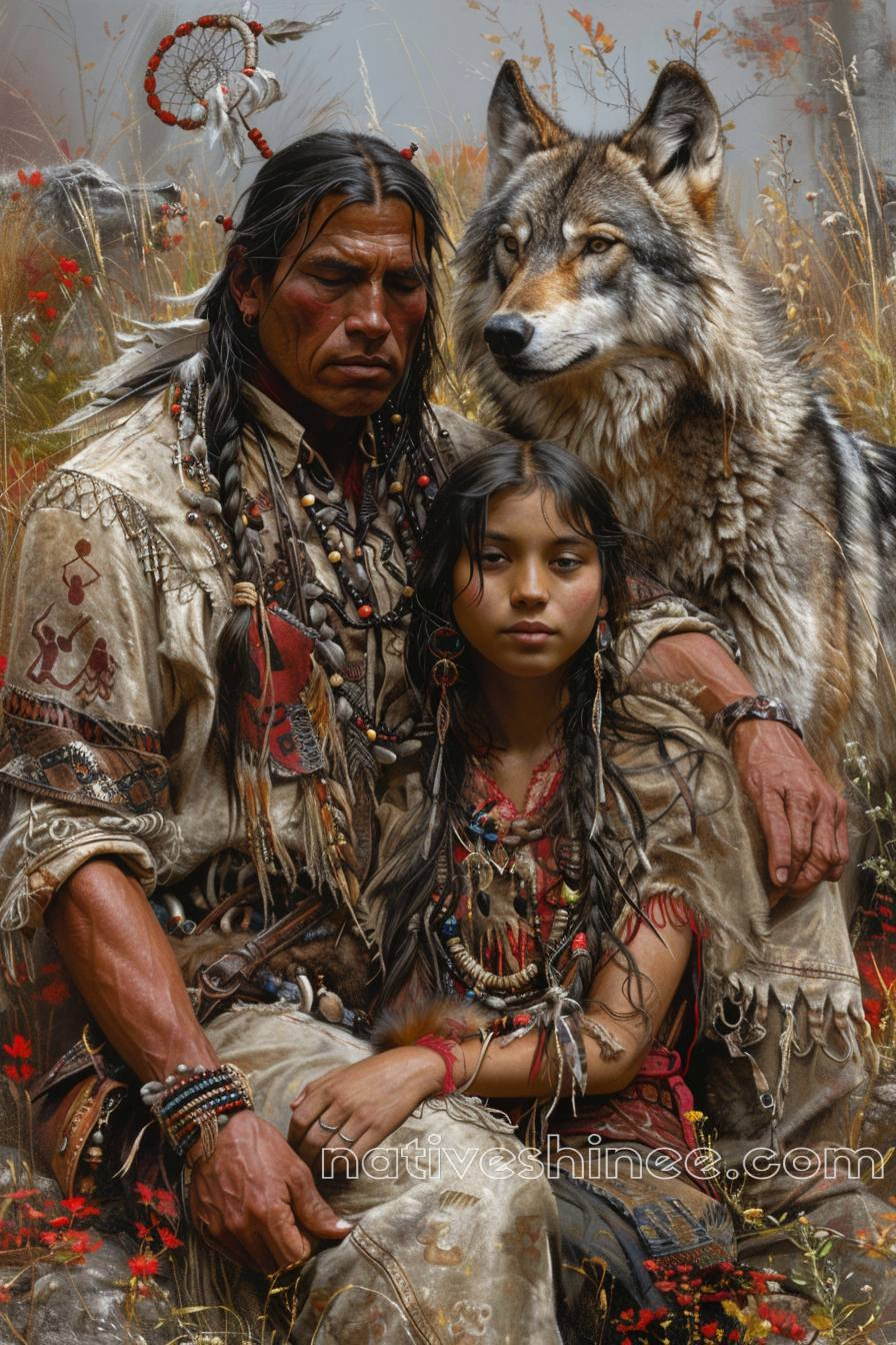 The Sacred Bond: Family, Nature, and Heritage Native American Wolf Canvas