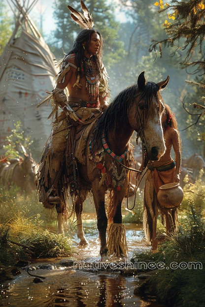 Sunlit Warriors: Embracing the Spirit of the Day Native American Horse Canvas