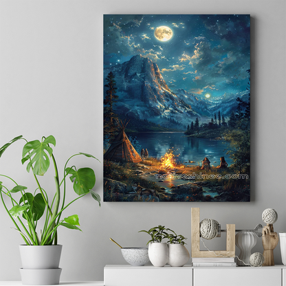 Campfire Tales Under the Mountain Moon Native American Canvas