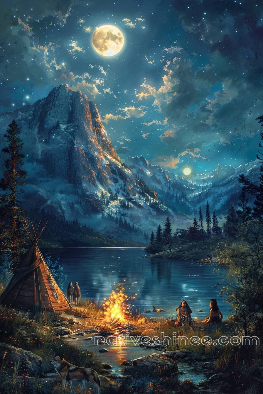 Campfire Tales Under the Mountain Moon Native American Canvas