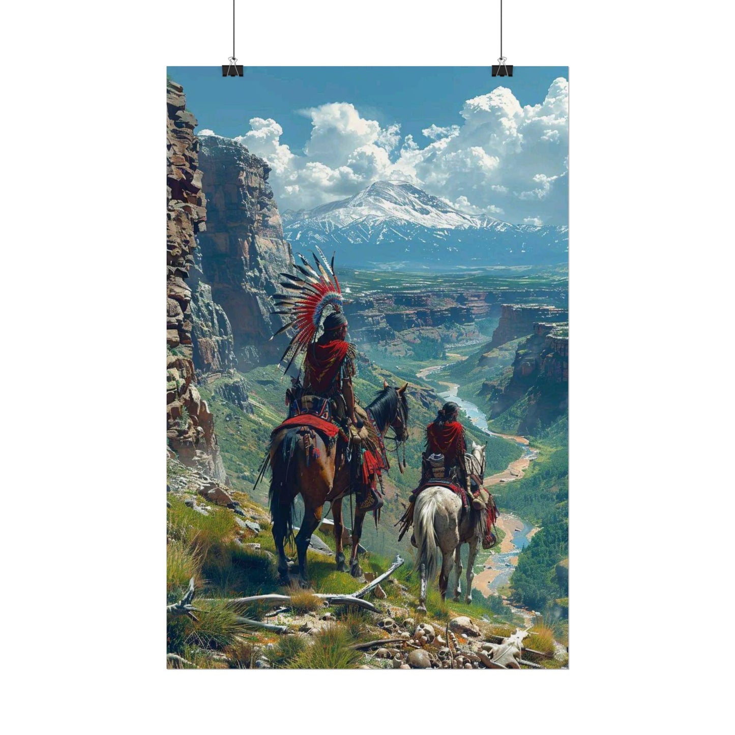 Western Sunset Poster — Native American Riders Landscape Art Print (Rolled Poster)