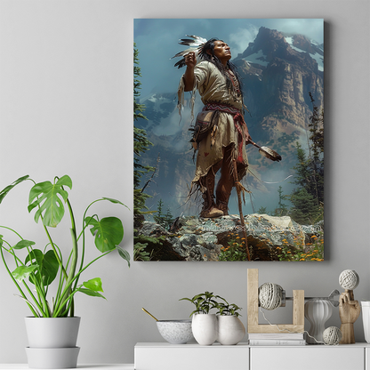 A Native Warrior's Reverence for the Mountains Native American Canvas