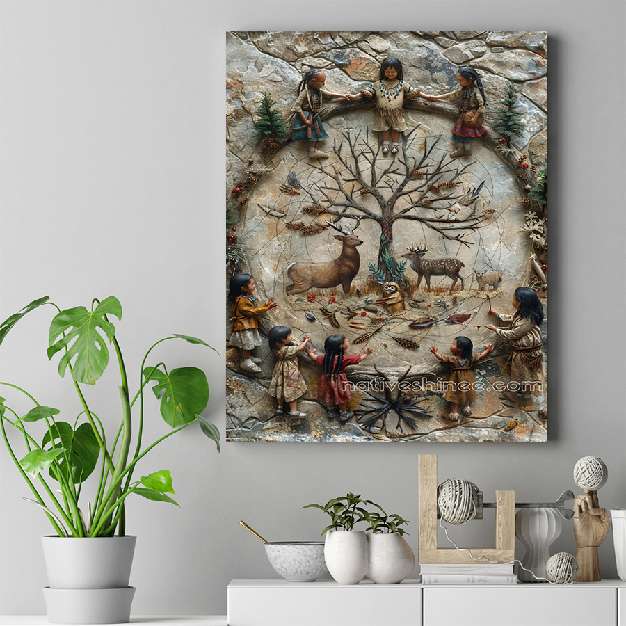 Young Hearts Embrace Nature's Circle of Life Native American Canvas