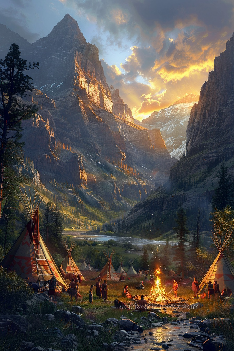 Tribal Campfire in Serene Valley Setting Native American Canvas