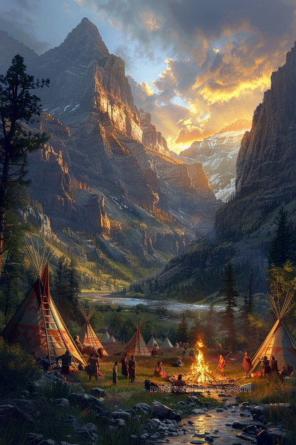 Tribal Campfire in Serene Valley Setting Native American Canvas