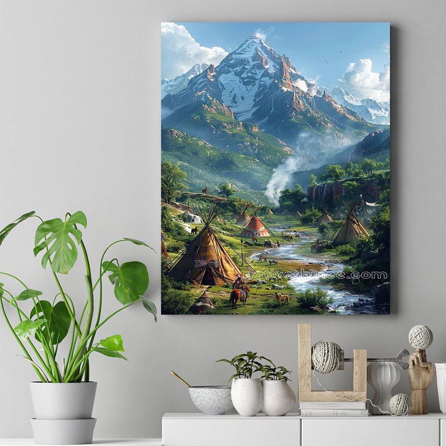 Majestic Mountains and Tipi Villages Native American Canvas