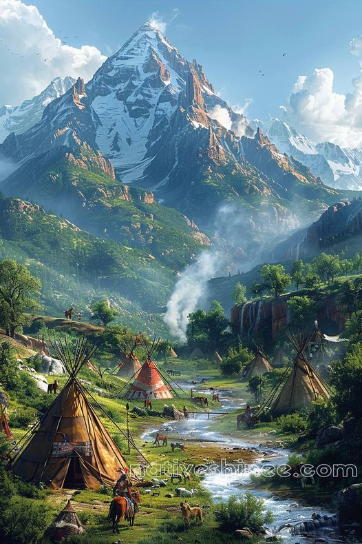 Majestic Mountains and Tipi Villages Native American Canvas