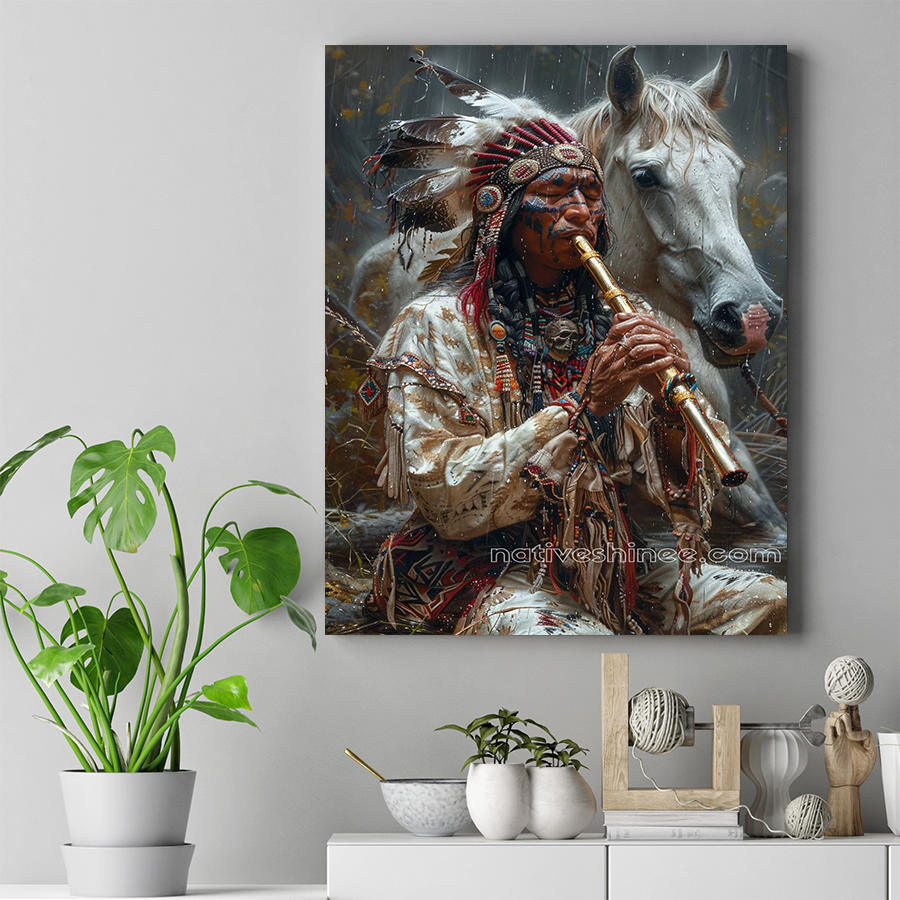 Flute Melody in the Rain Native American Horse Canvas