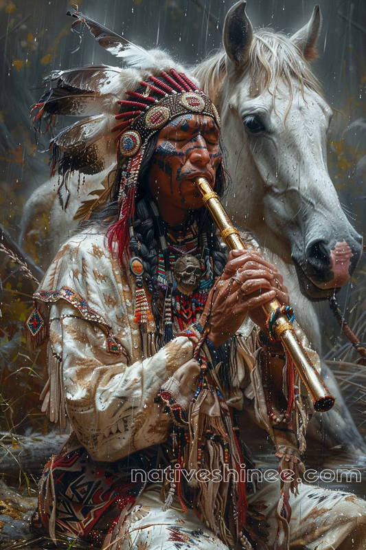 Flute Melody in the Rain Native American Horse Canvas