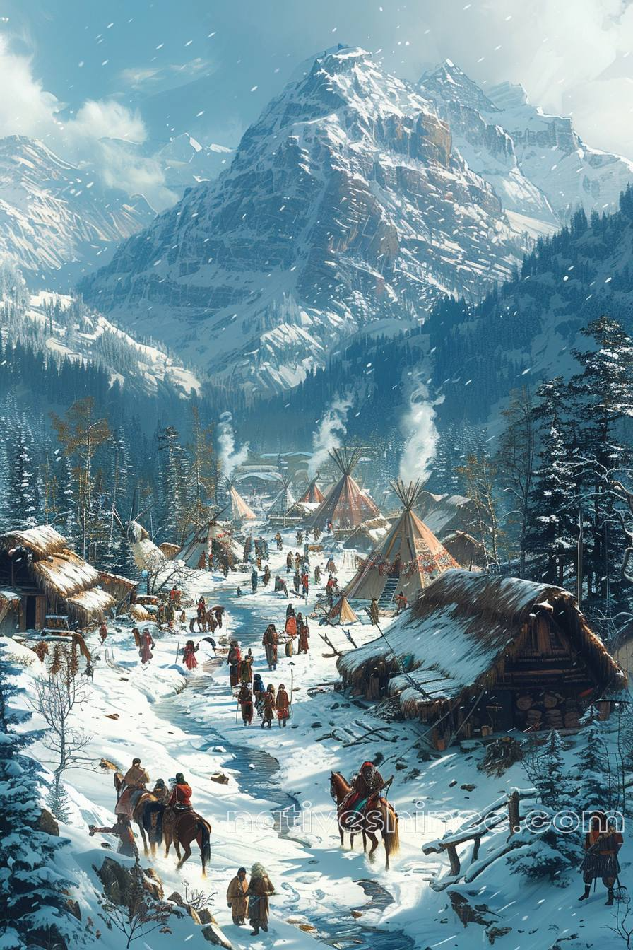 Winter in the Native American Mountain Village Native American Canvas