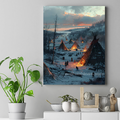 Winter Night in a Peaceful Tribal Village Native American Canvas