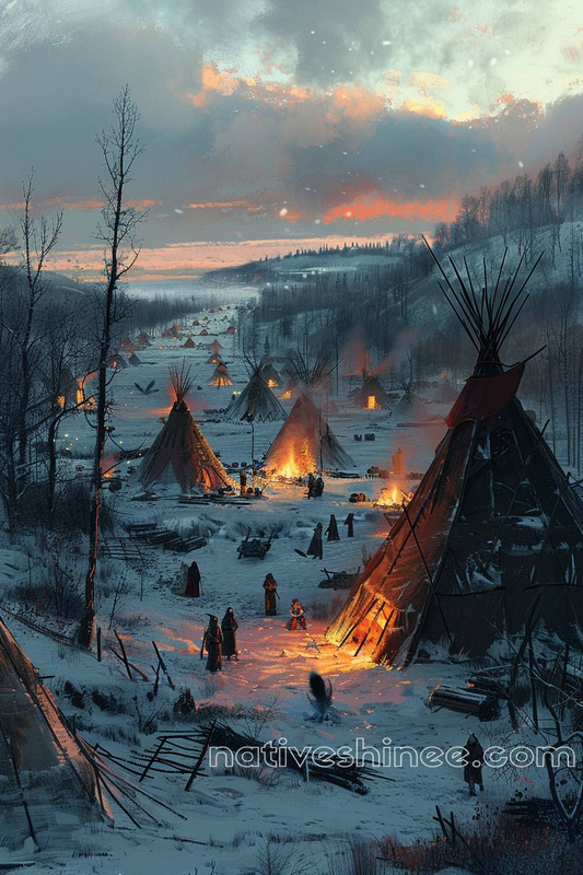 Winter Night in a Peaceful Tribal Village Native American Canvas