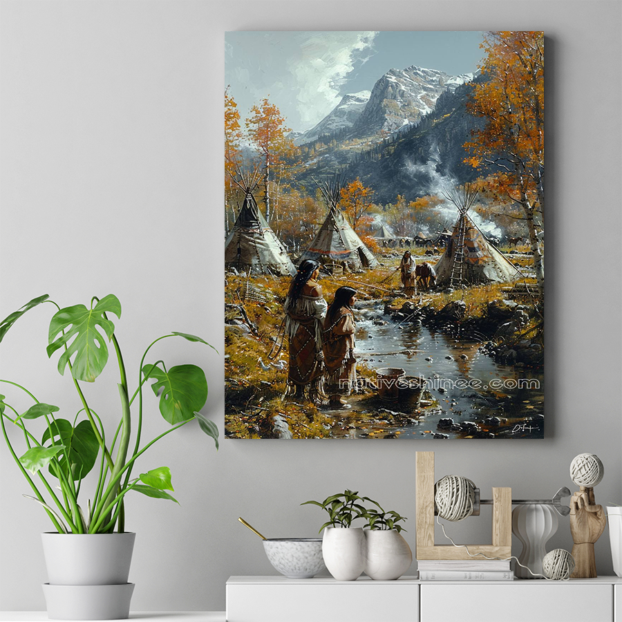 Native American Family by the Mountain Stream Native American Canvas