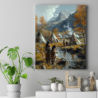 Native American Family by the Mountain Stream Native American Canvas