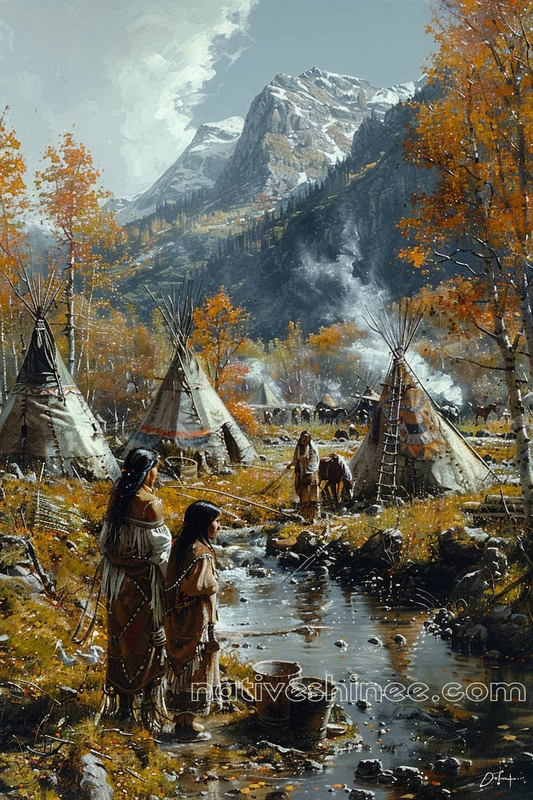 Native American Family by the Mountain Stream Native American Canvas