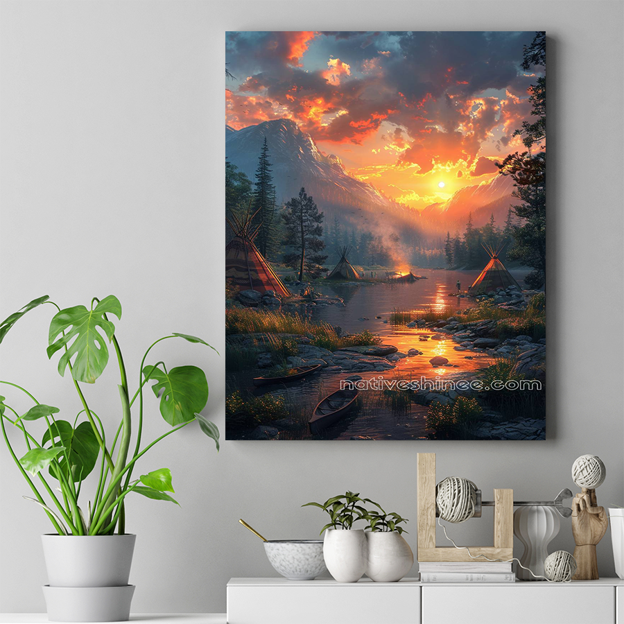 Serene Sunset Over Native American Village Native American Canvas