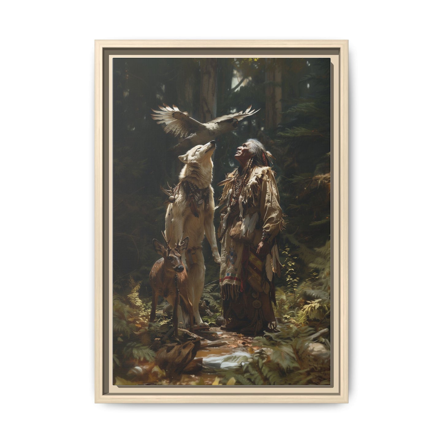 Framed Canvas Art – Native American Hunter with Wolves Forest Scene