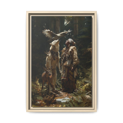 Framed Canvas Art – Native American Hunter with Wolves Forest Scene