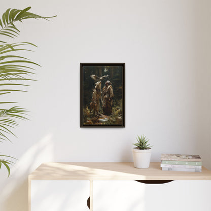Framed Canvas Art – Native American Hunter with Wolves Forest Scene