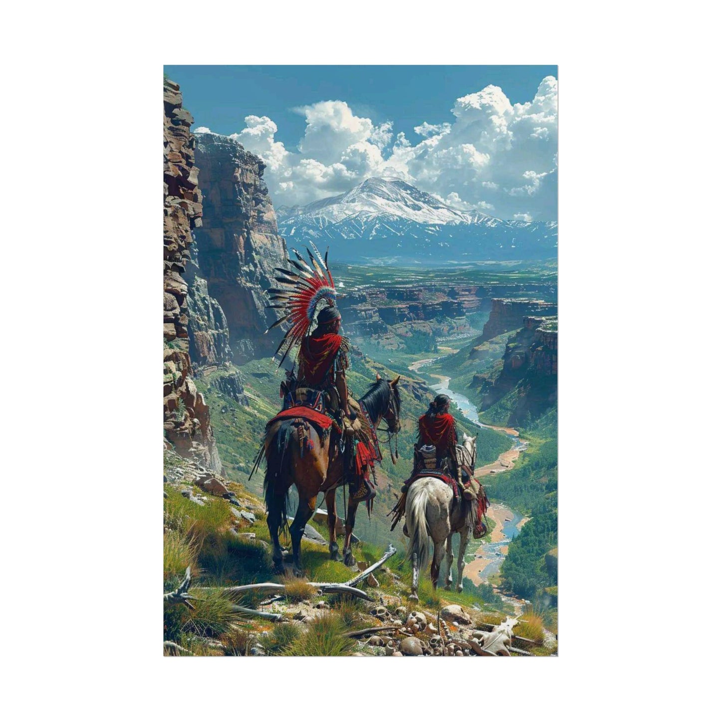Western Sunset Poster — Native American Riders Landscape Art Print (Rolled Poster)