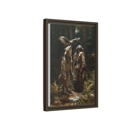 Framed Canvas Art – Native American Hunter with Wolves Forest Scene