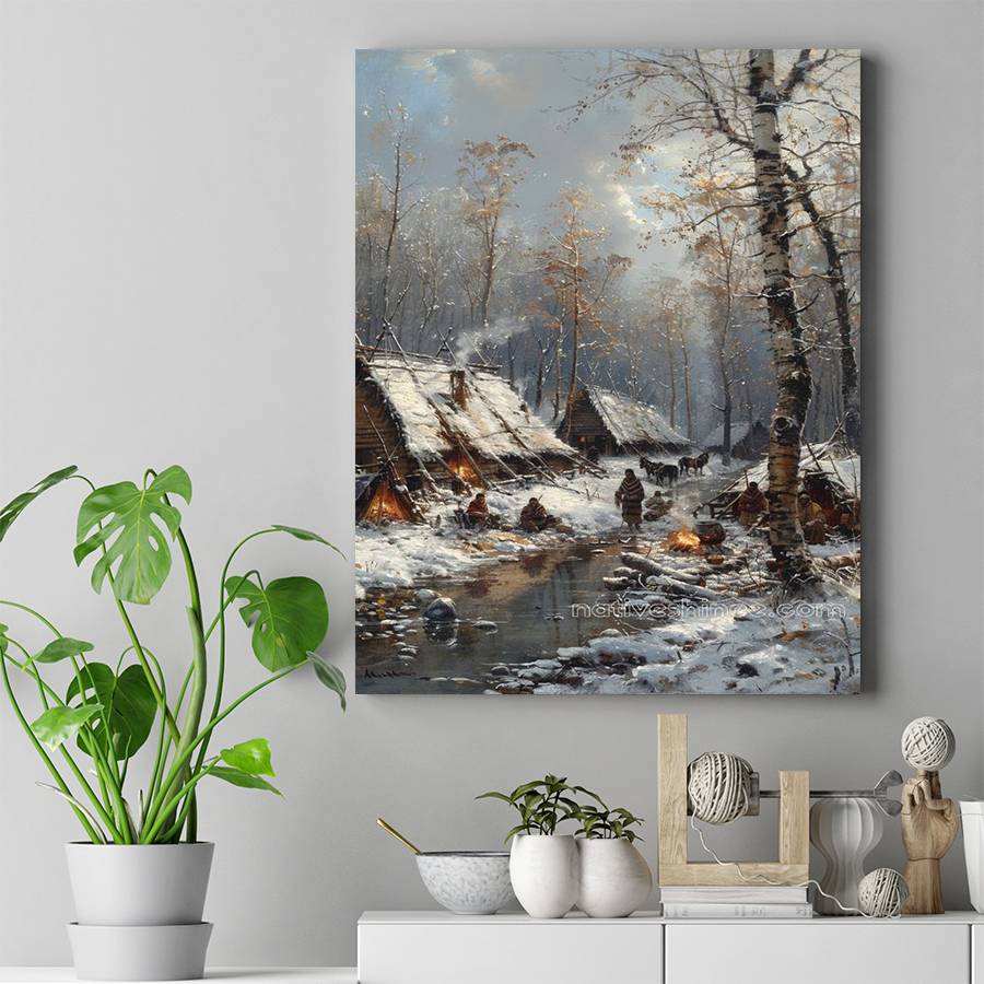 Native Village in Winter Tranquility Native American Canvas