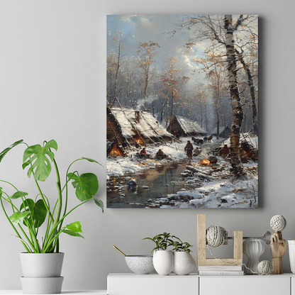 Native Village in Winter Tranquility Native American Canvas