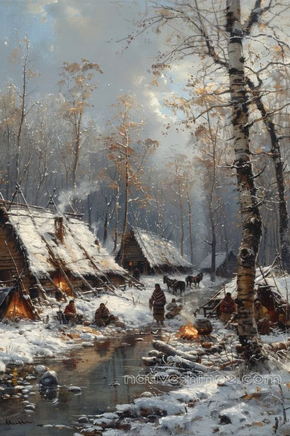 Native Village in Winter Tranquility Native American Canvas