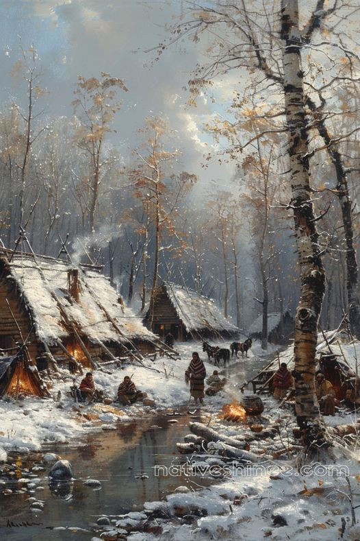 Native Village in Winter Tranquility Native American Canvas