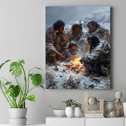 A Native Family's Hearth Amidst the Snow Native American Canvas