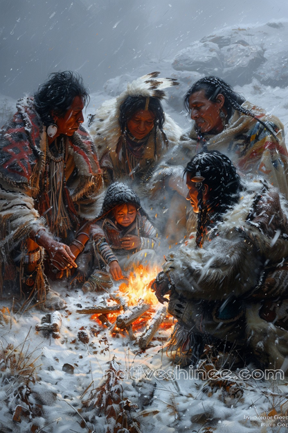 A Native Family's Hearth Amidst the Snow Native American Canvas