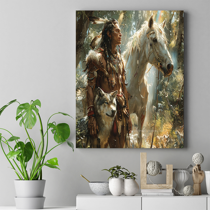 A Native Warrior, Guided by the Wisdom of His Horse and Wolf Native American Canvas